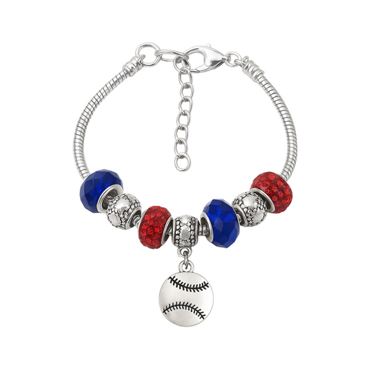European-style snake chain softball charm bracelet with silver-plated softball bead and red, blue, and silver beads
