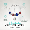 Softball beaded charm bracelet in red, blue, and silver with 'I Love Softball' bead on gift-ready card