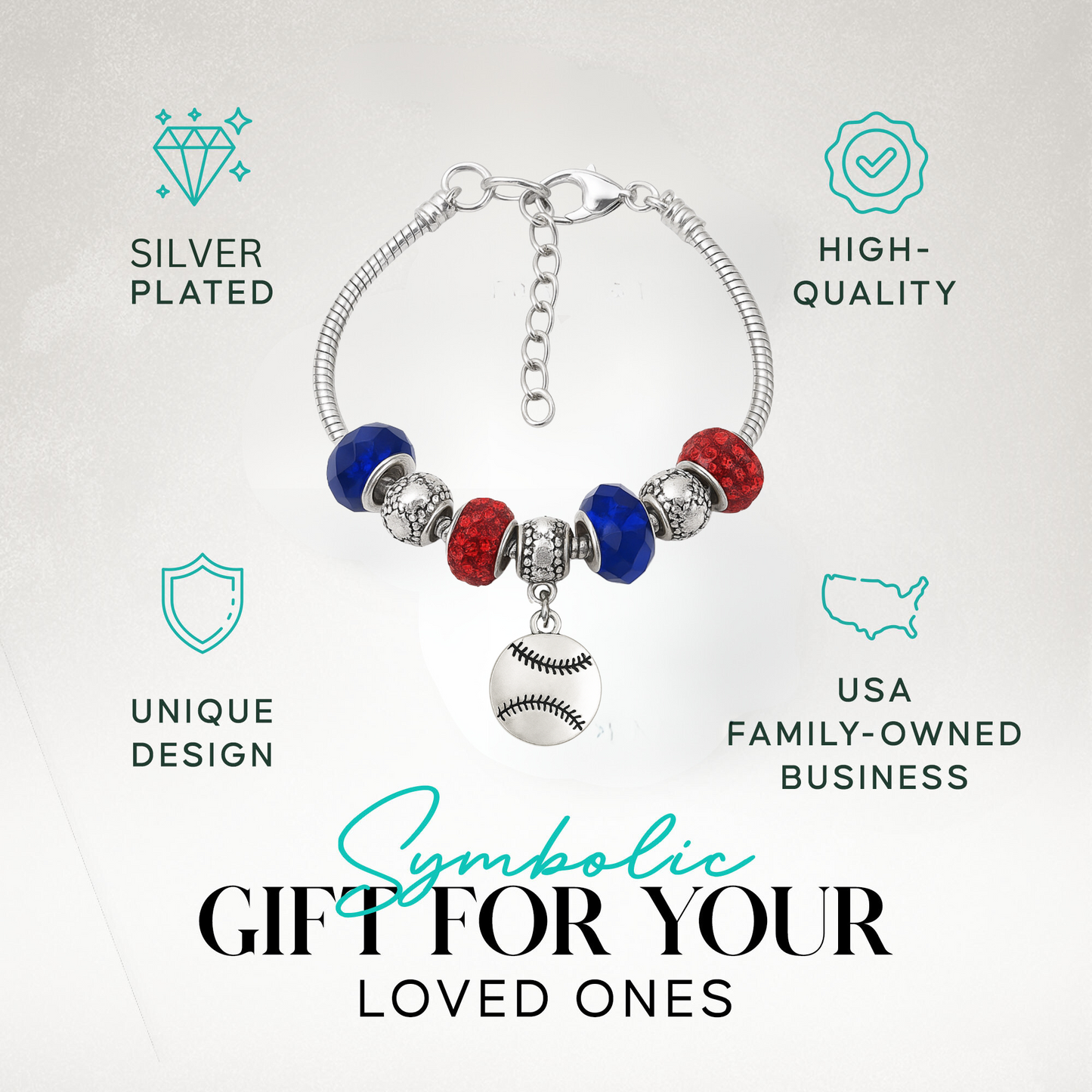 Softball beaded charm bracelet in red, blue, and silver with 'I Love Softball' bead on gift-ready card