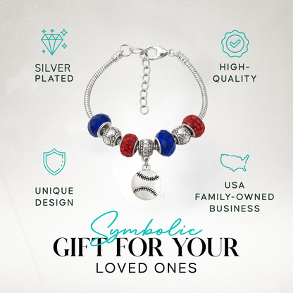 Softball beaded charm bracelet in red, blue, and silver with 'I Love Softball' bead on gift-ready card