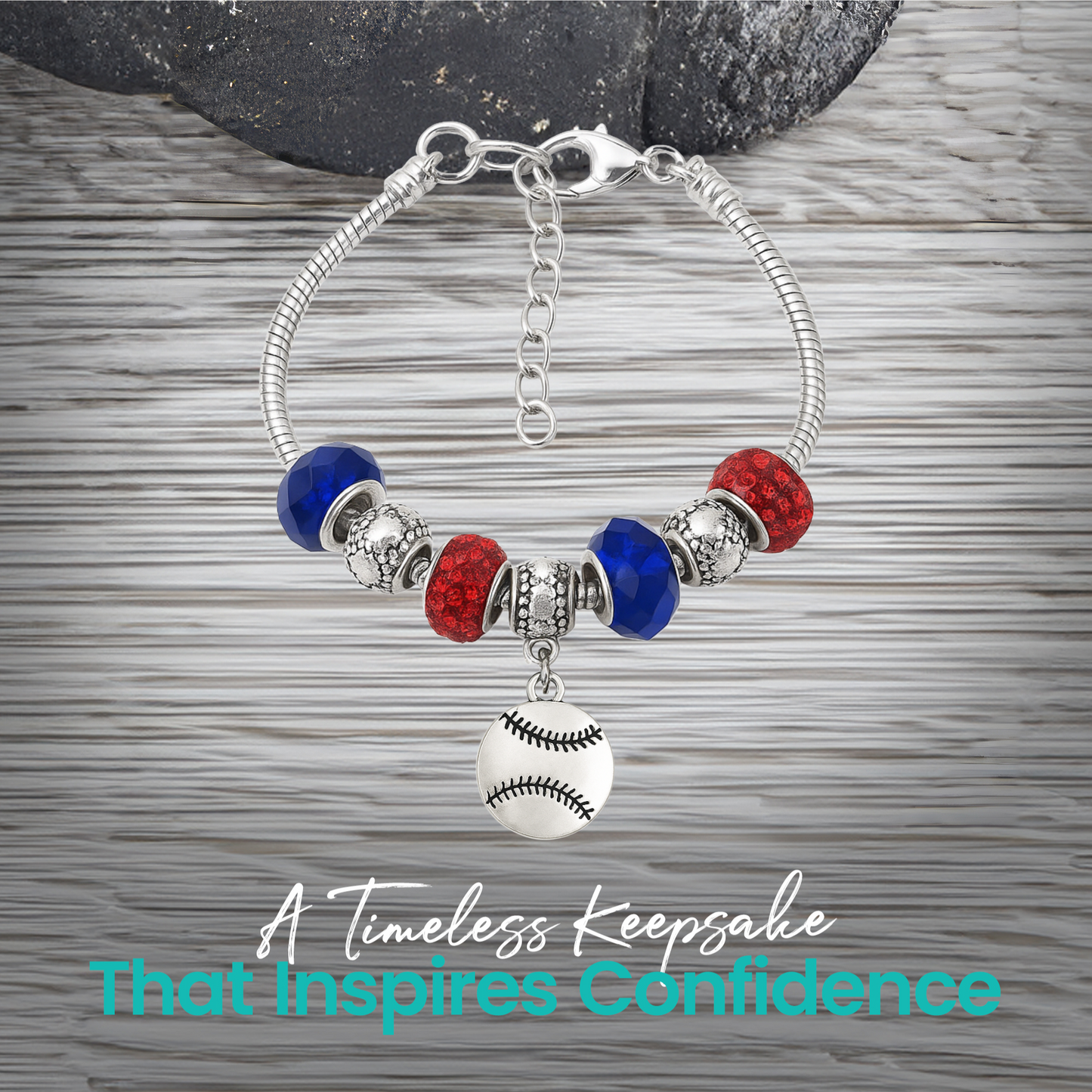 Adjustable snake chain softball bracelet with silver-plated beads and colorful glass accents