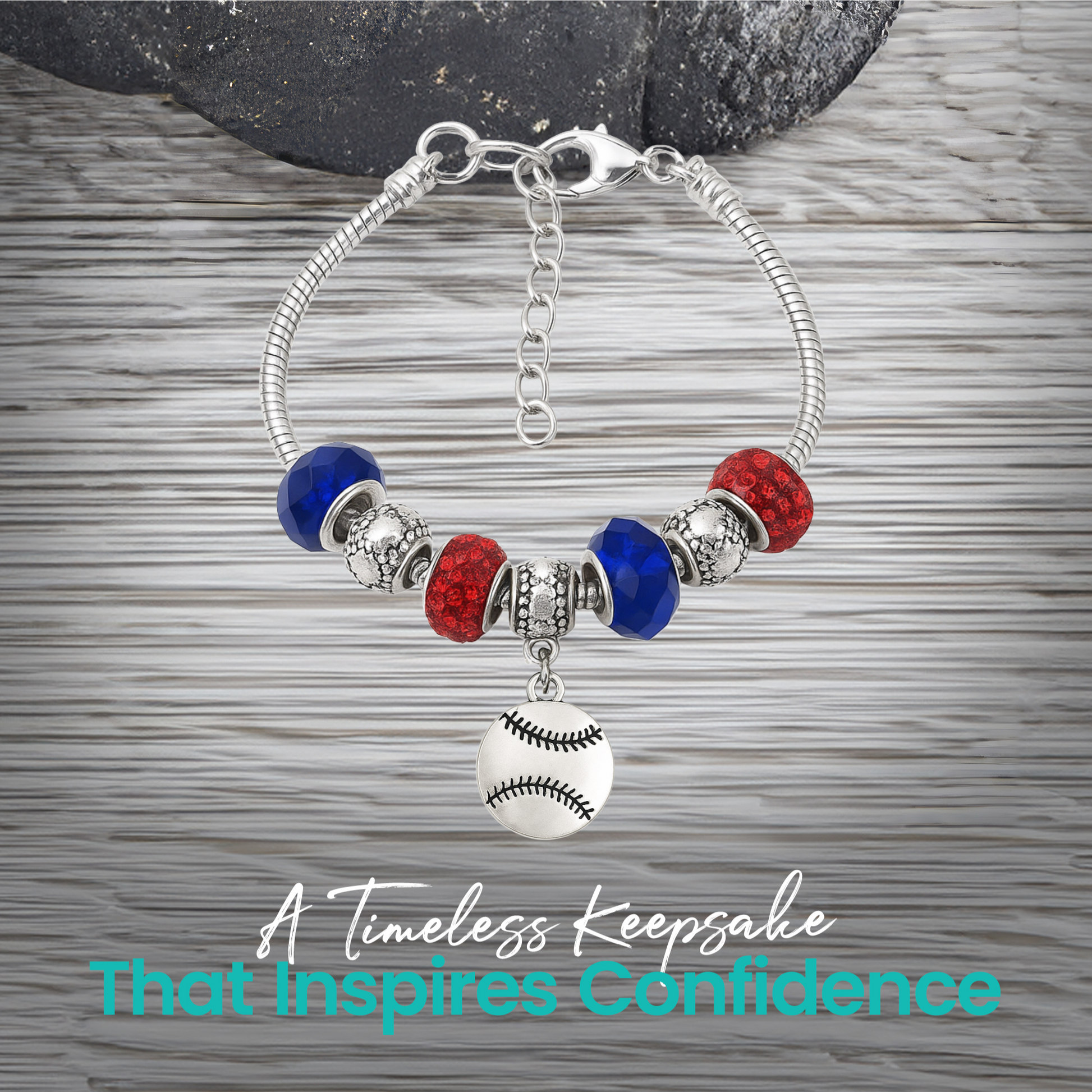 Adjustable snake chain softball bracelet with silver-plated beads and colorful glass accents