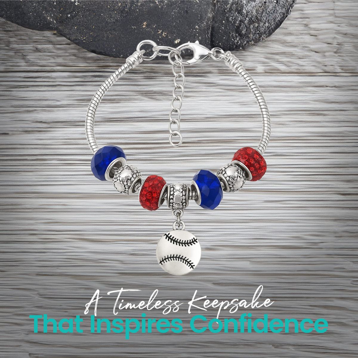 Adjustable snake chain softball bracelet with silver-plated beads and colorful glass accents
