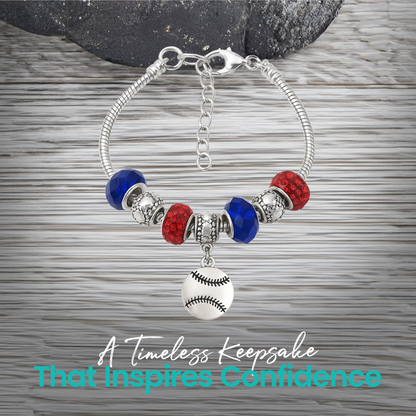 Adjustable snake chain softball bracelet with silver-plated beads and colorful glass accents