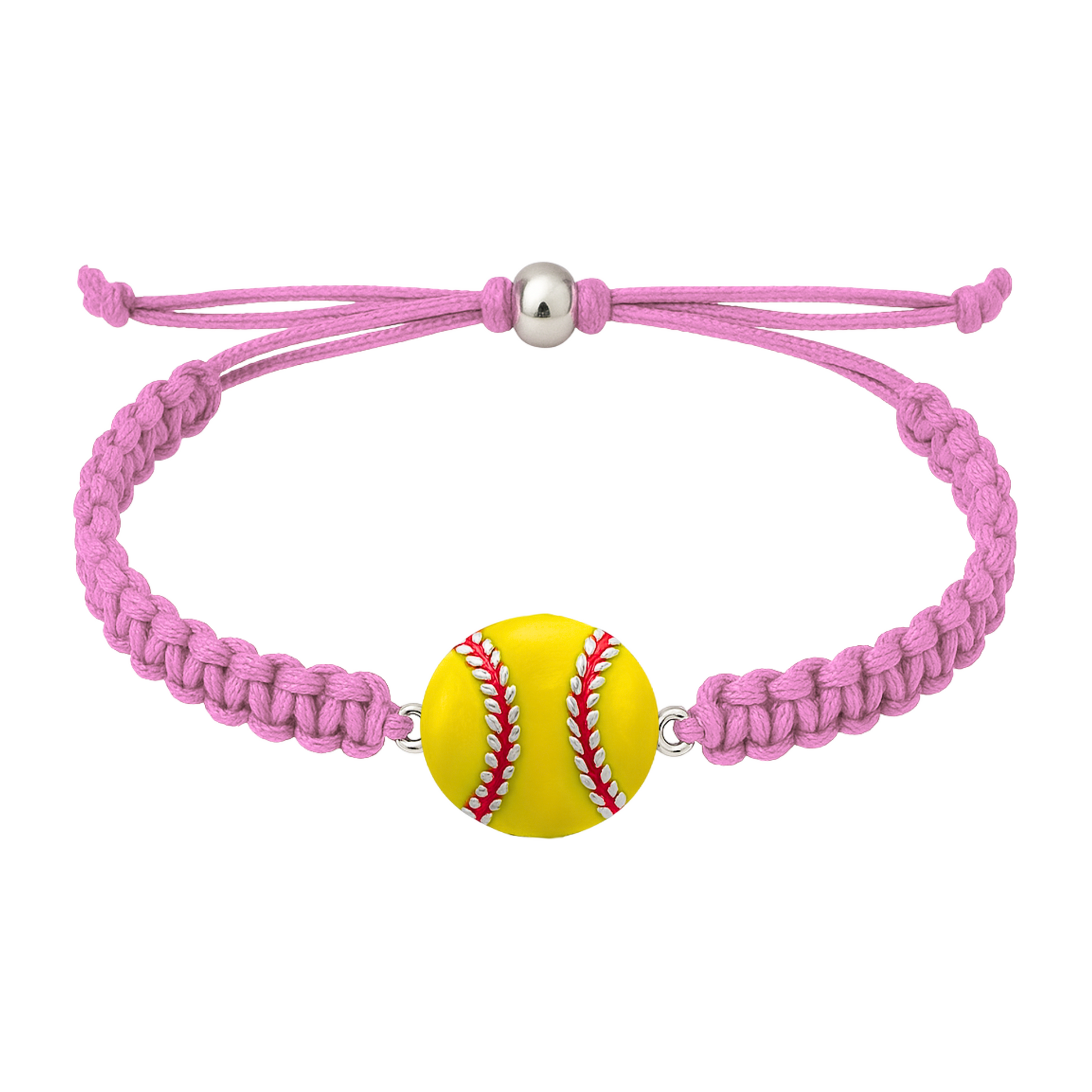 Pink rope bracelet with softball charm shown in silver and yellow enamel