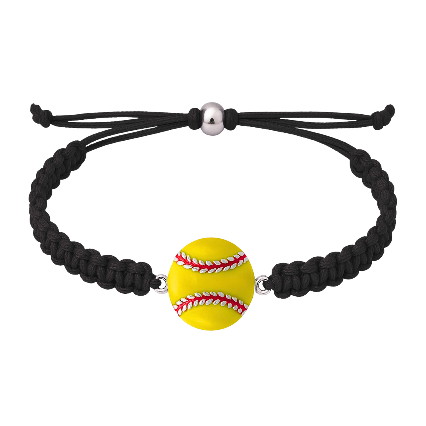 Black braided bracelet featuring a yellow softball charm in enamel finish