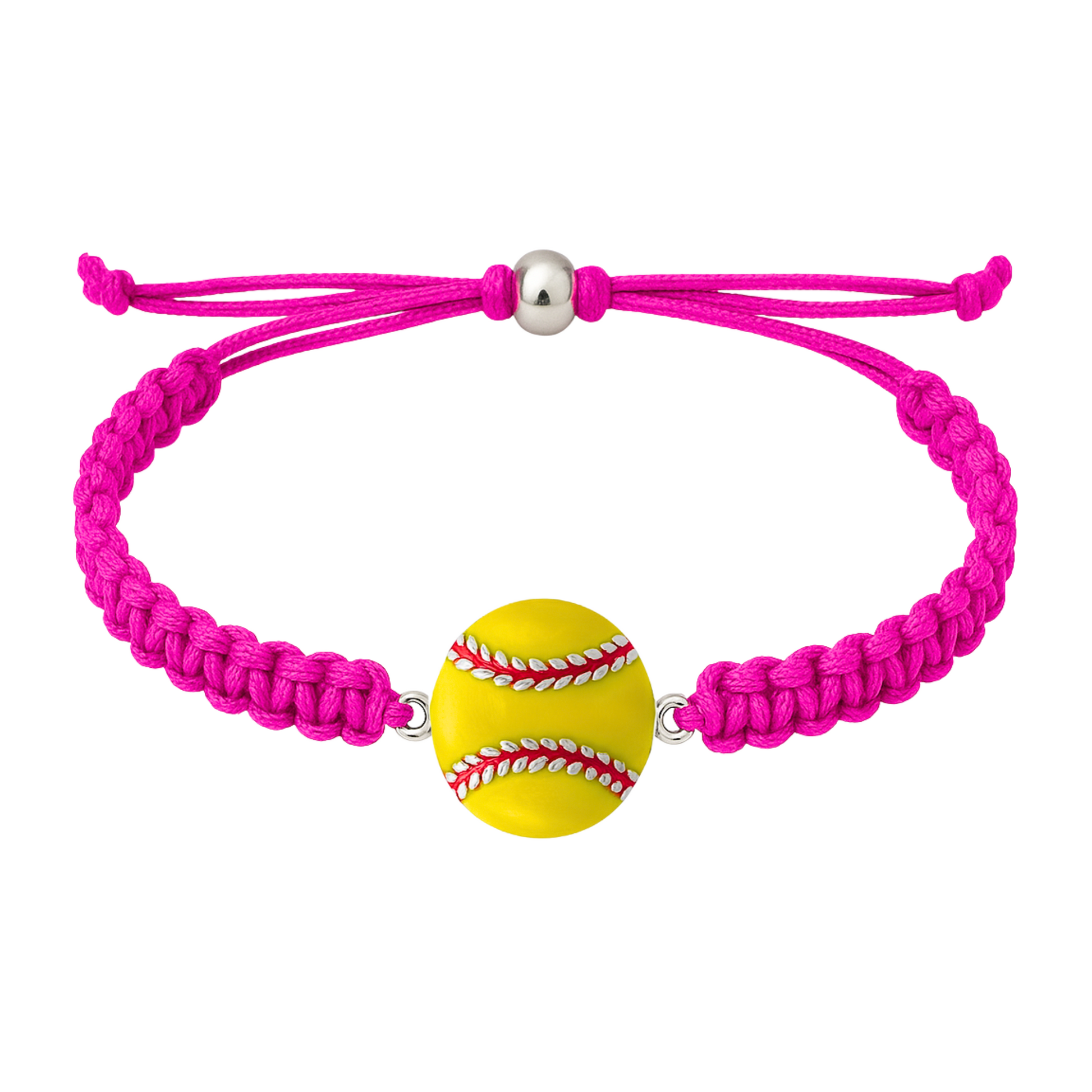 Hot pink braided rope bracelet with detailed softball charm in enamel