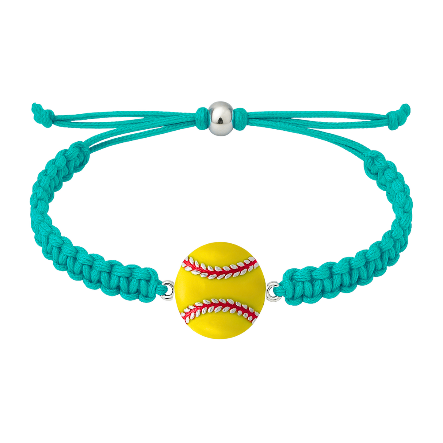 Teal rope bracelet featuring a yellow enamel softball charm with red stitching.