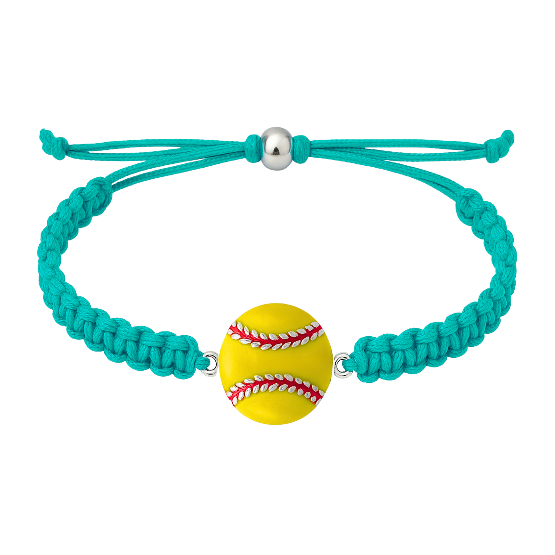 Teal rope bracelet featuring a yellow enamel softball charm with red stitching.