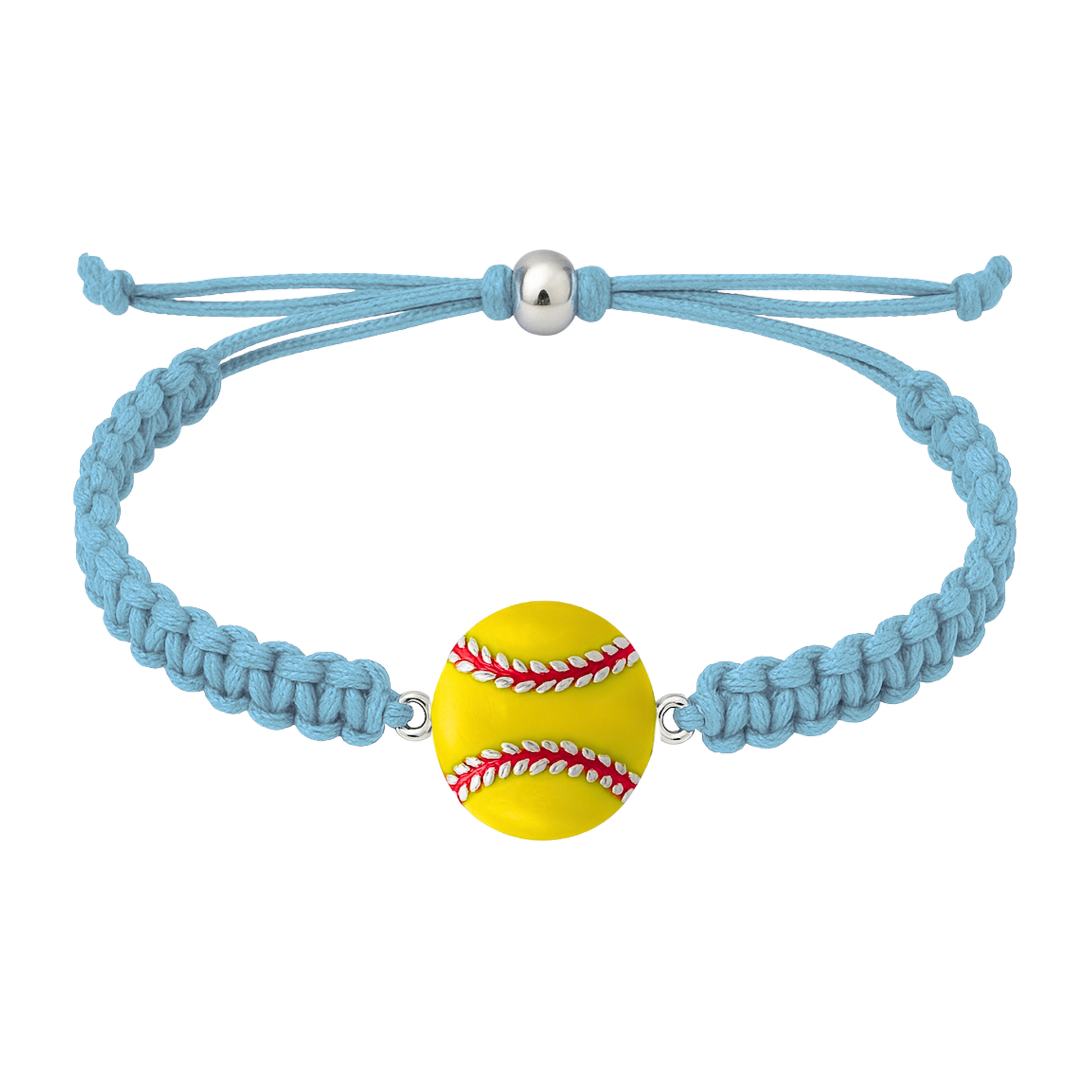 Light blue rope bracelet with softball charm and silver adjustable bead
