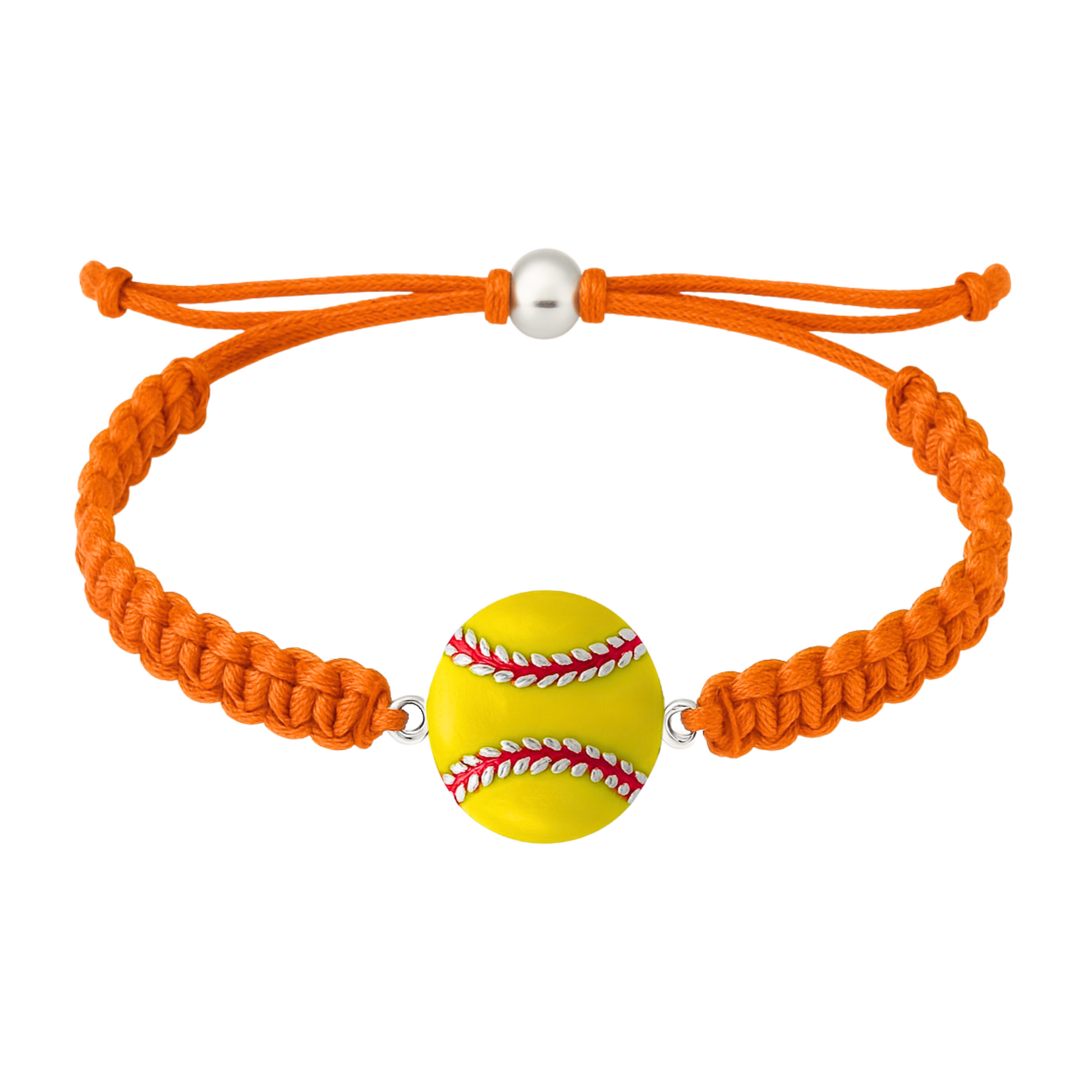 Orange braided rope bracelet with detailed softball charm in enamel