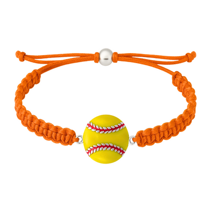 Orange braided rope bracelet with detailed softball charm in enamel