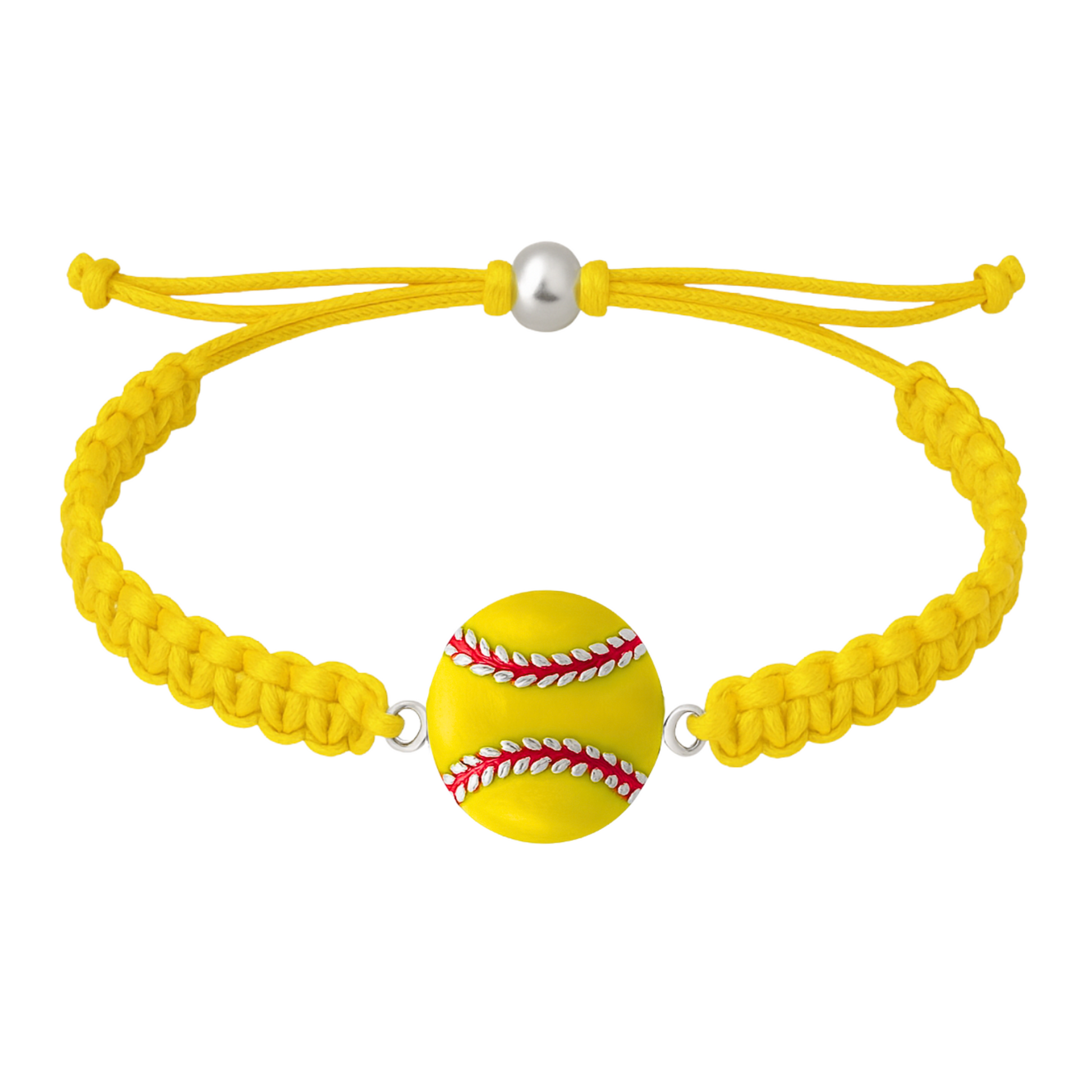 Yellow braided bracelet with silver-tone softball charm, front view
