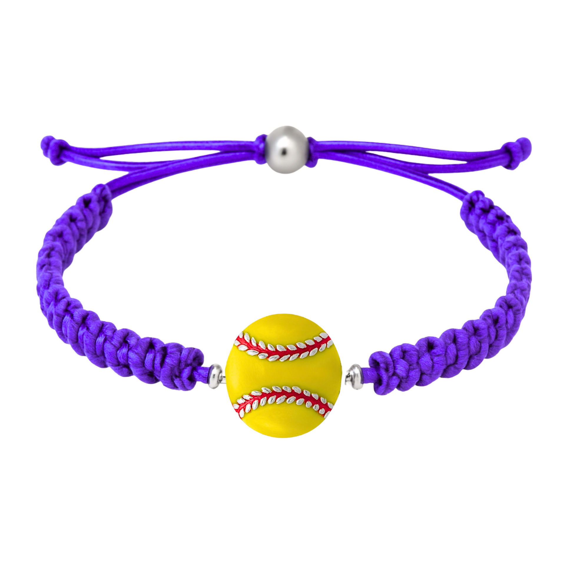Purple braided bracelet with a bright yellow softball charm, centered on white