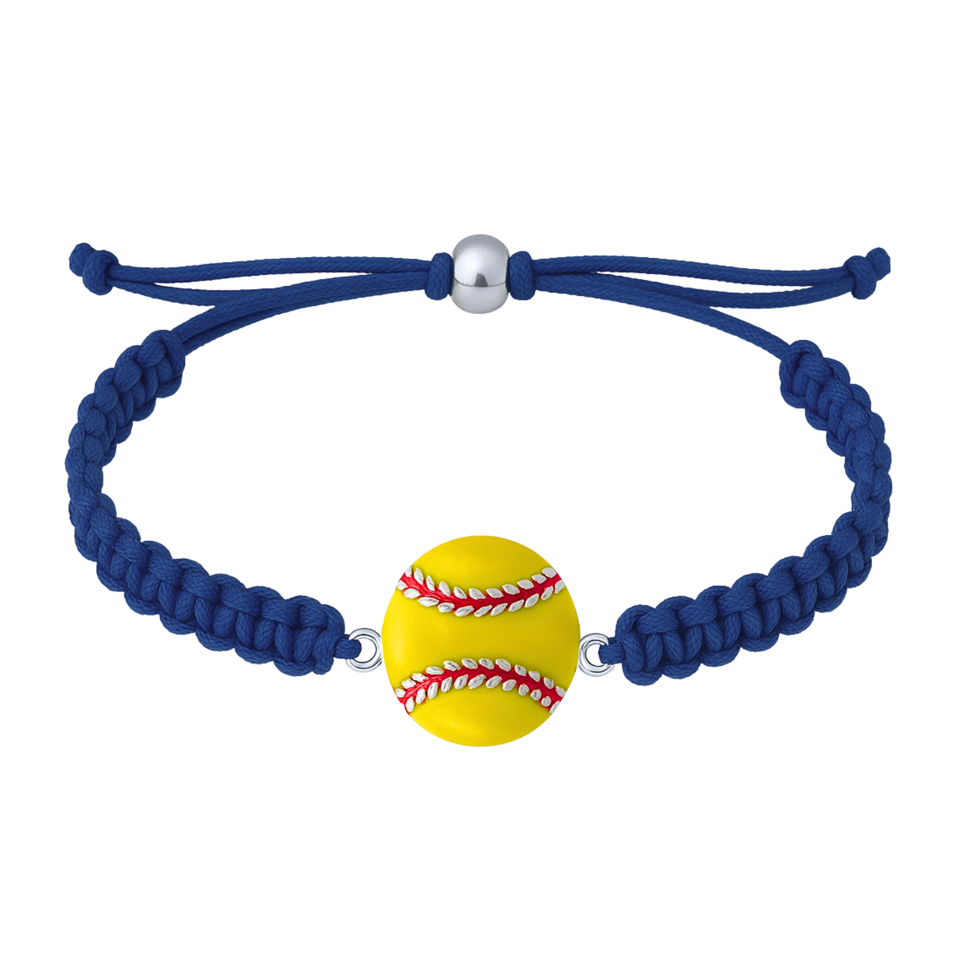 Navy blue bracelet featuring a yellow enamel softball charm, centered clearly.

