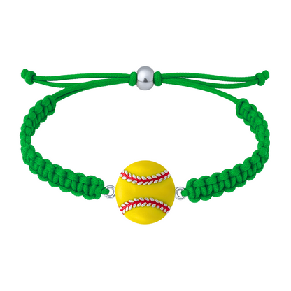 Green braided rope bracelet with a silver-tone enamel softball charm centered