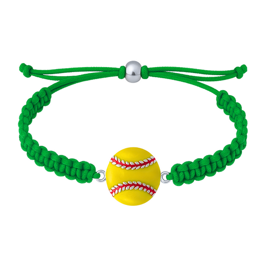 Green braided rope bracelet with a silver-tone enamel softball charm centered