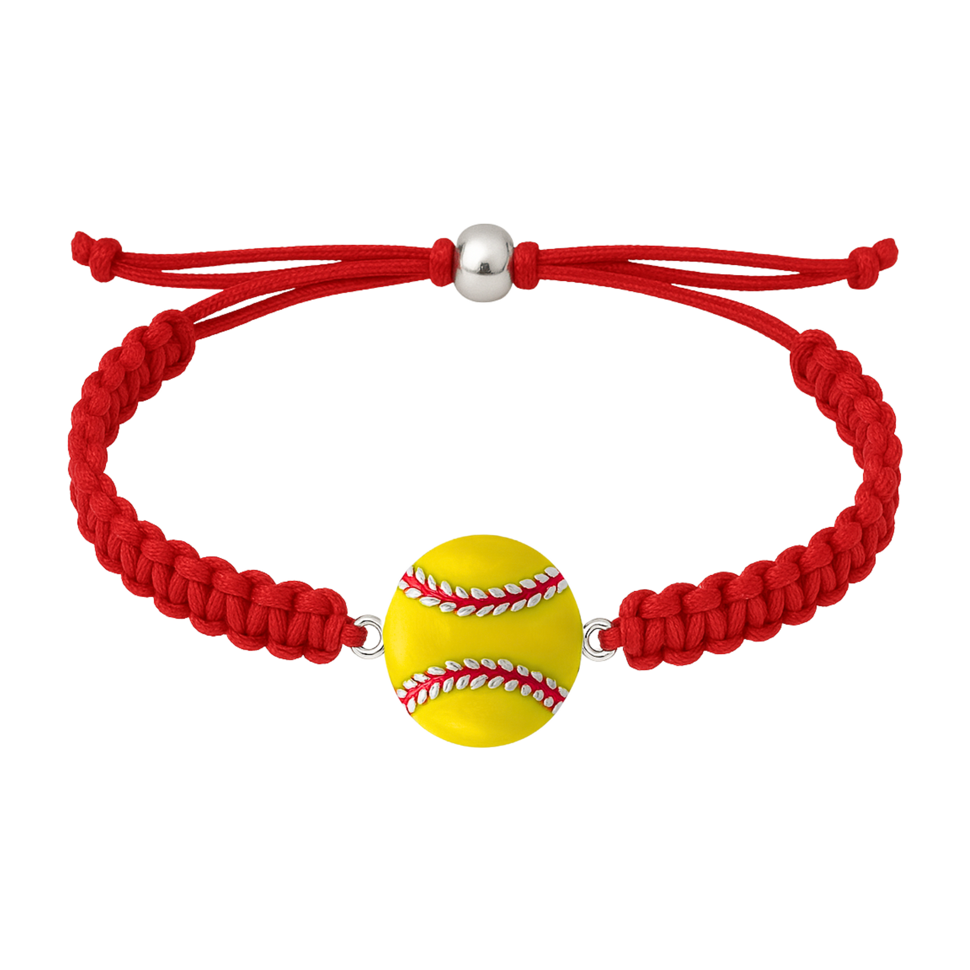 Red braided bracelet with vibrant yellow softball charm and adjustable clasp