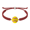 Maroon rope bracelet with detailed enamel softball charm, displayed flat