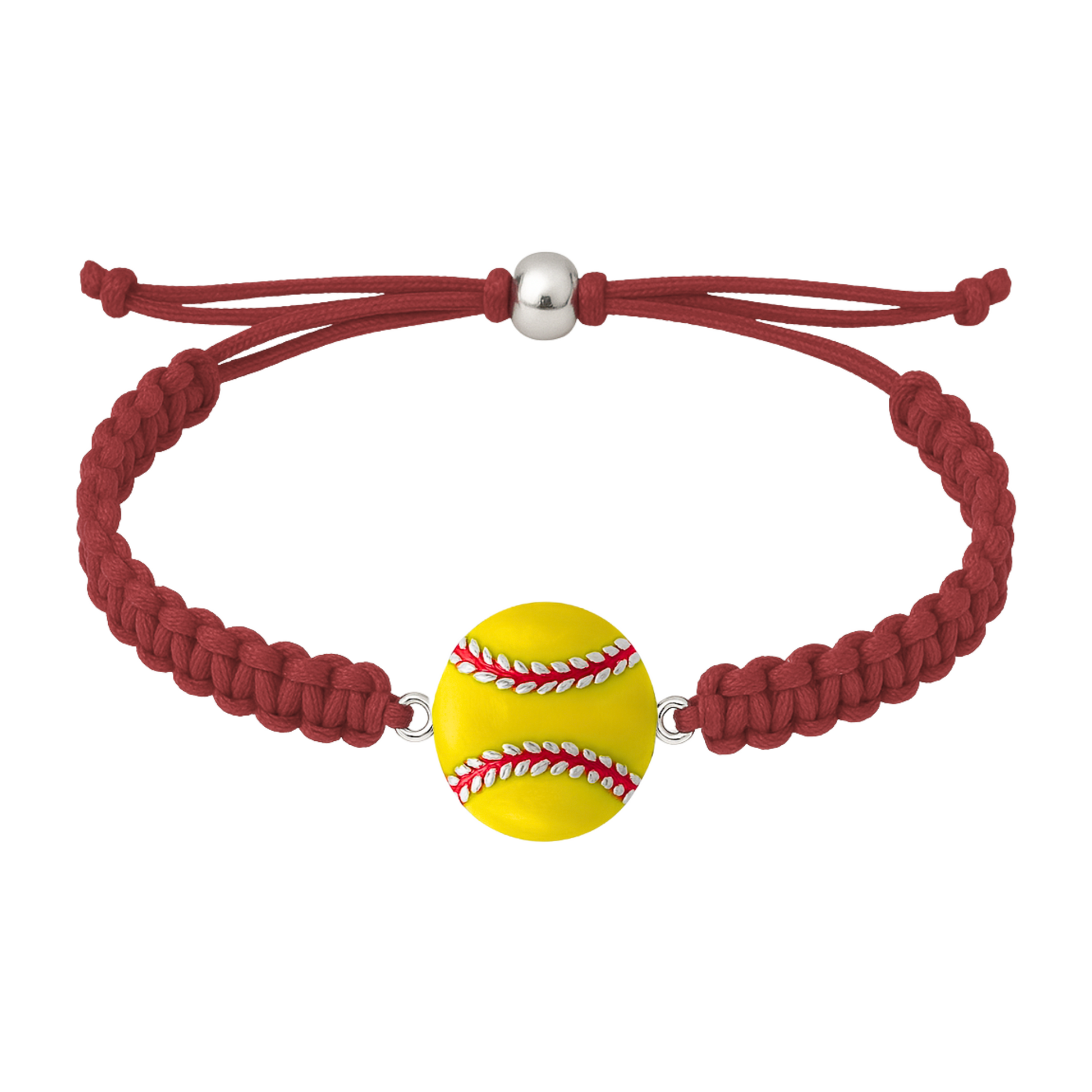 Maroon rope bracelet with detailed enamel softball charm, displayed flat