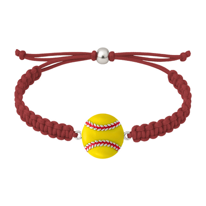 Maroon rope bracelet with detailed enamel softball charm, displayed flat
