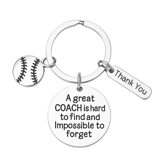 Silver softball coach keychain with 'A great coach is hard to find and impossible to forget' charm and thank you tag