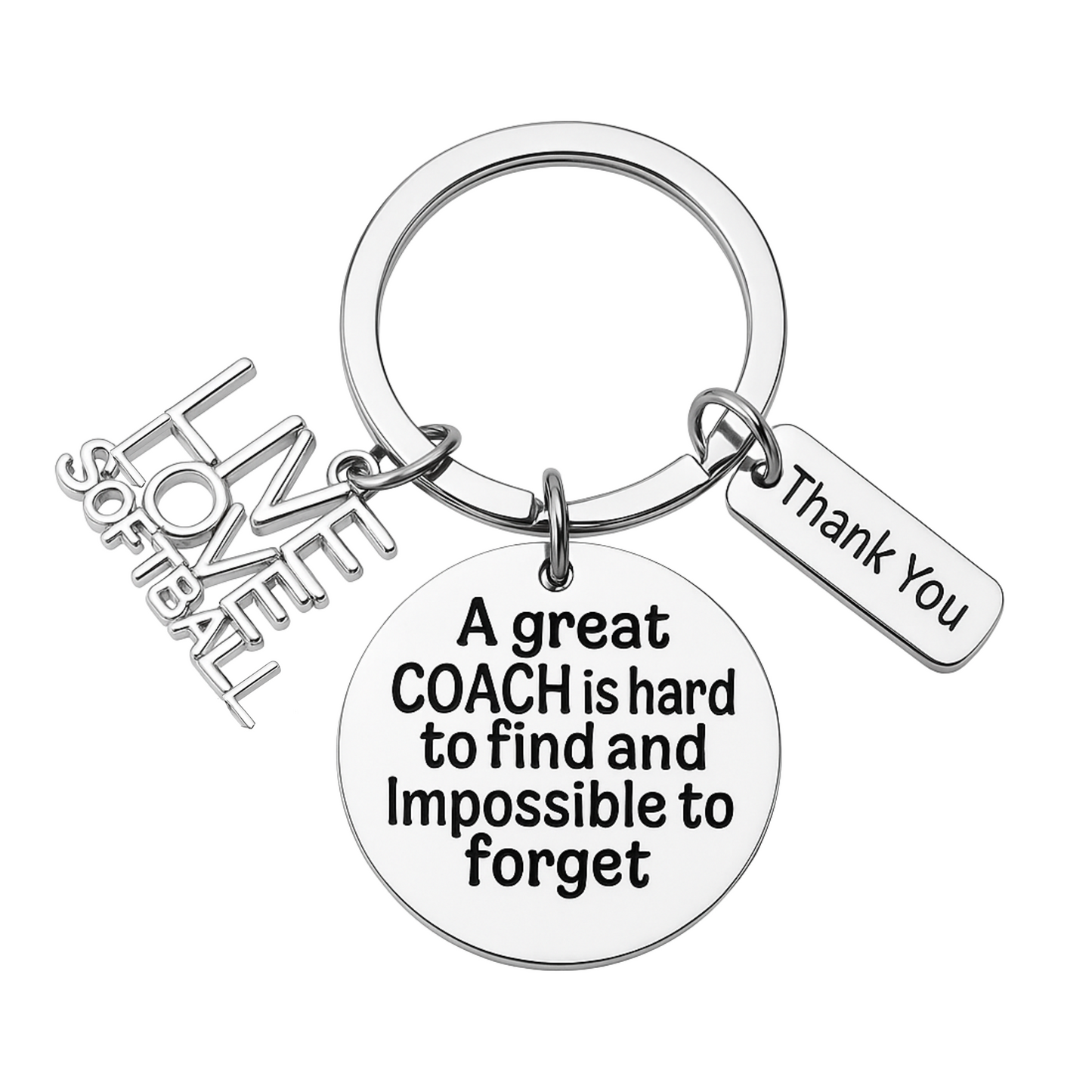 Inspirational softball coach appreciation keychain with detailed softball, bat, glove charms, and thank you tag
