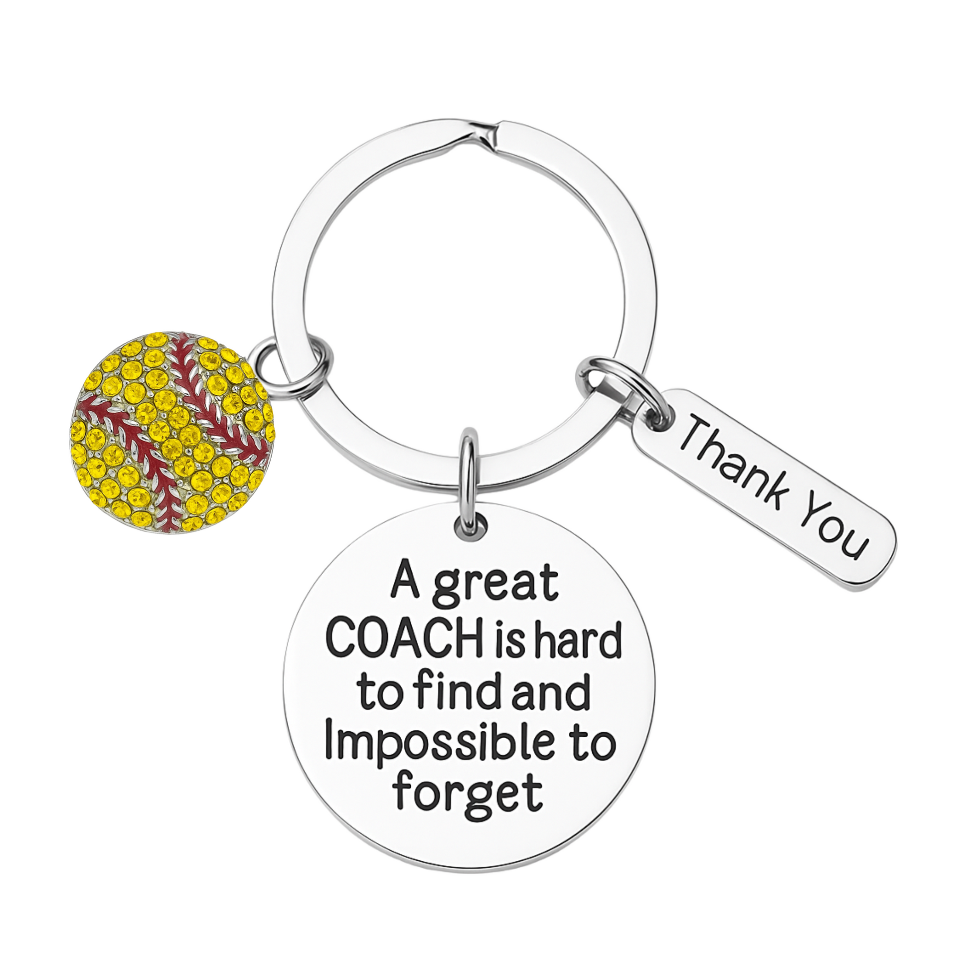 Softball coach keychain featuring bright yellow softball charm and engraved appreciation message
