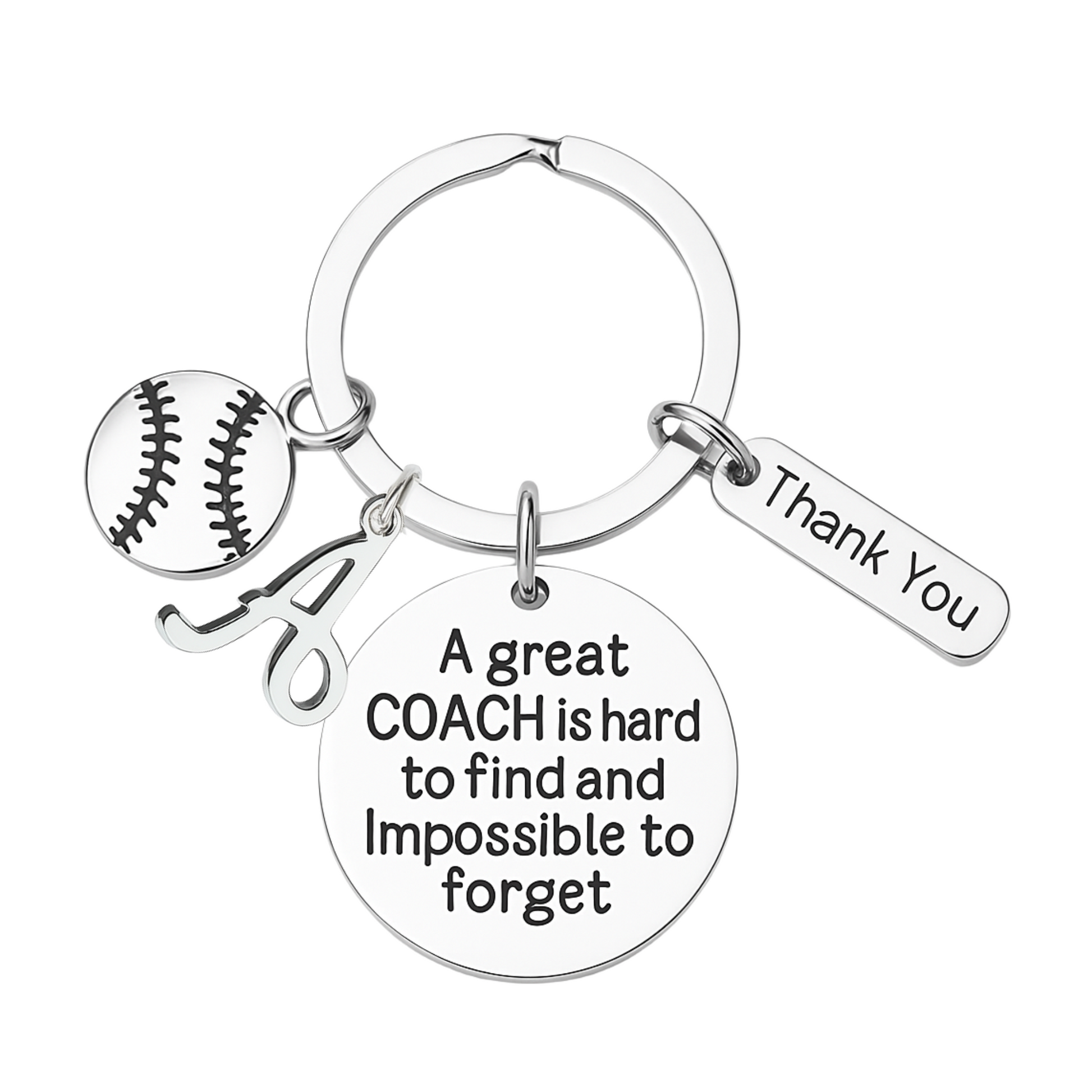 Softball-themed coach keychain with bat, glove, ball, and engraved quote charm