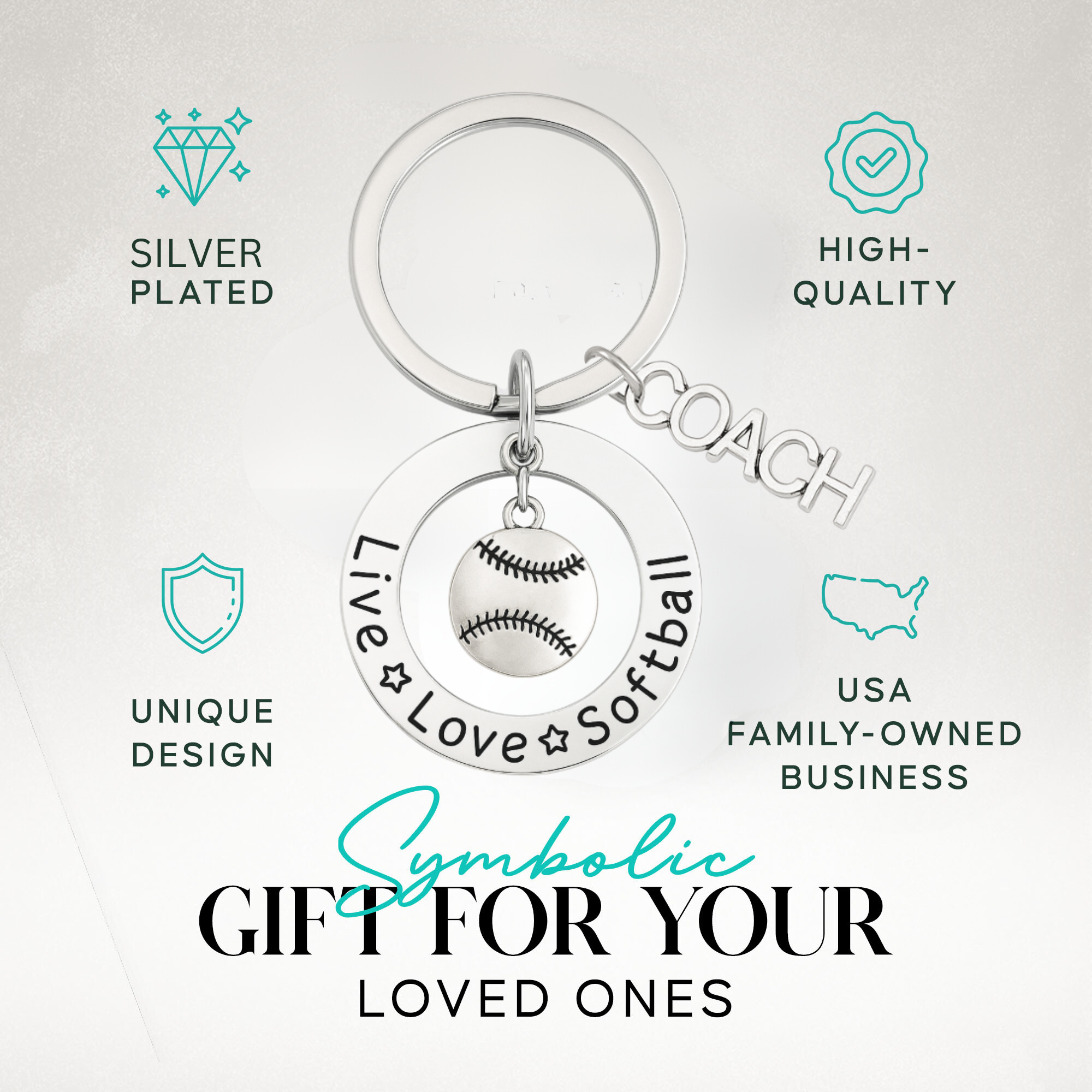 Softball coach keychain featuring engraved disc and hanging COACH charm, displayed on gift-ready insert card