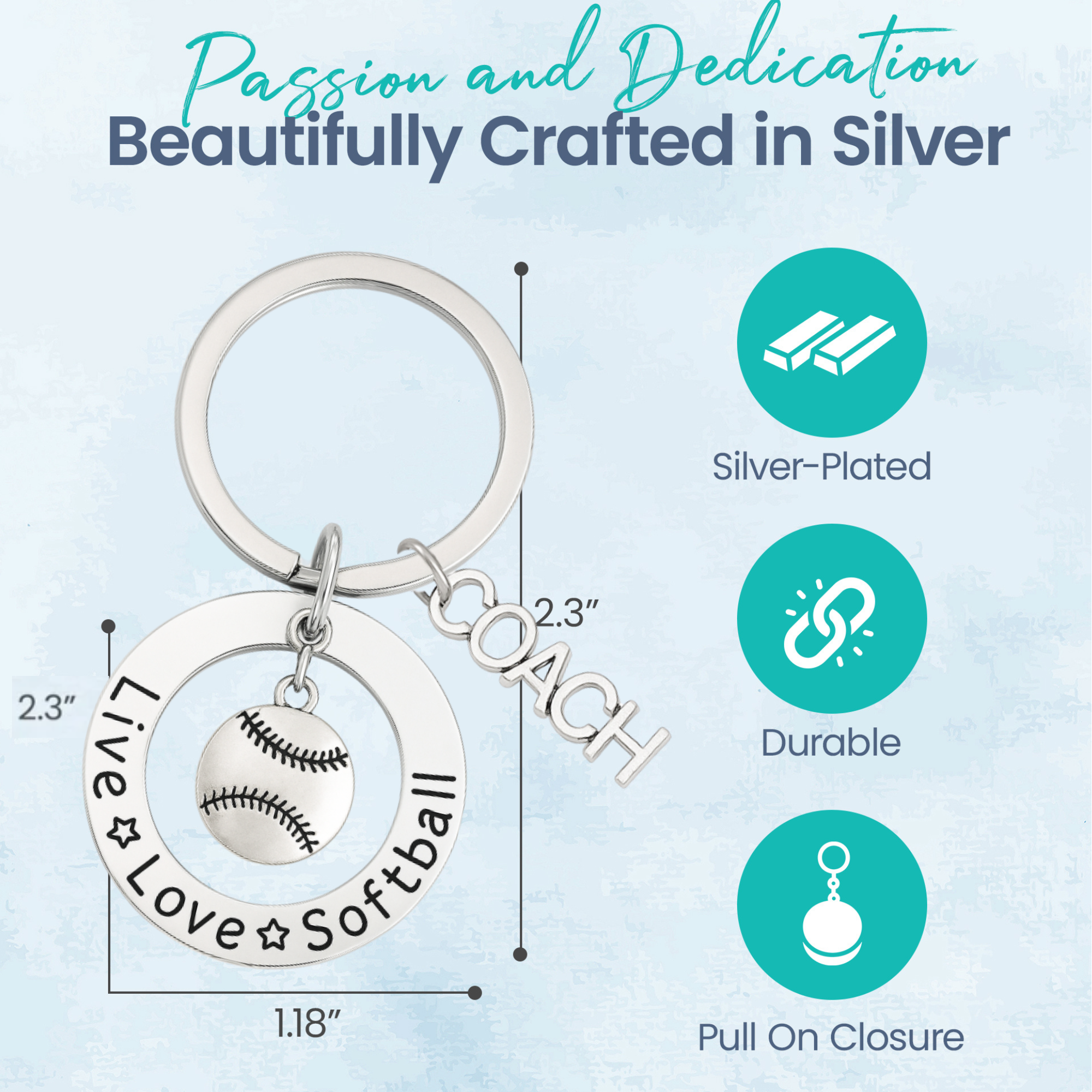 Silver-plated softball keychain with "Live Love Softball" engraved ring and stitched ball charm for team coaches