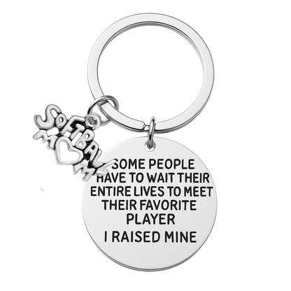 Inspirational softball mom keychain with glove and ball charms attached to ring