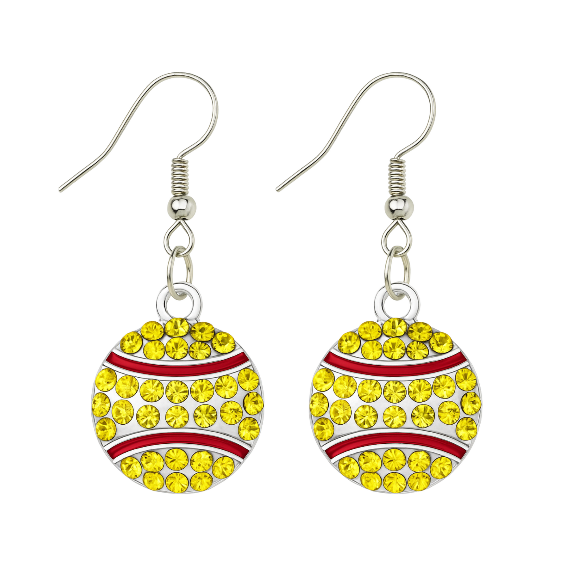 Yellow rhinestone softball dangle earrings with silver-tone hooks, perfect gift for players, fans, and softball moms