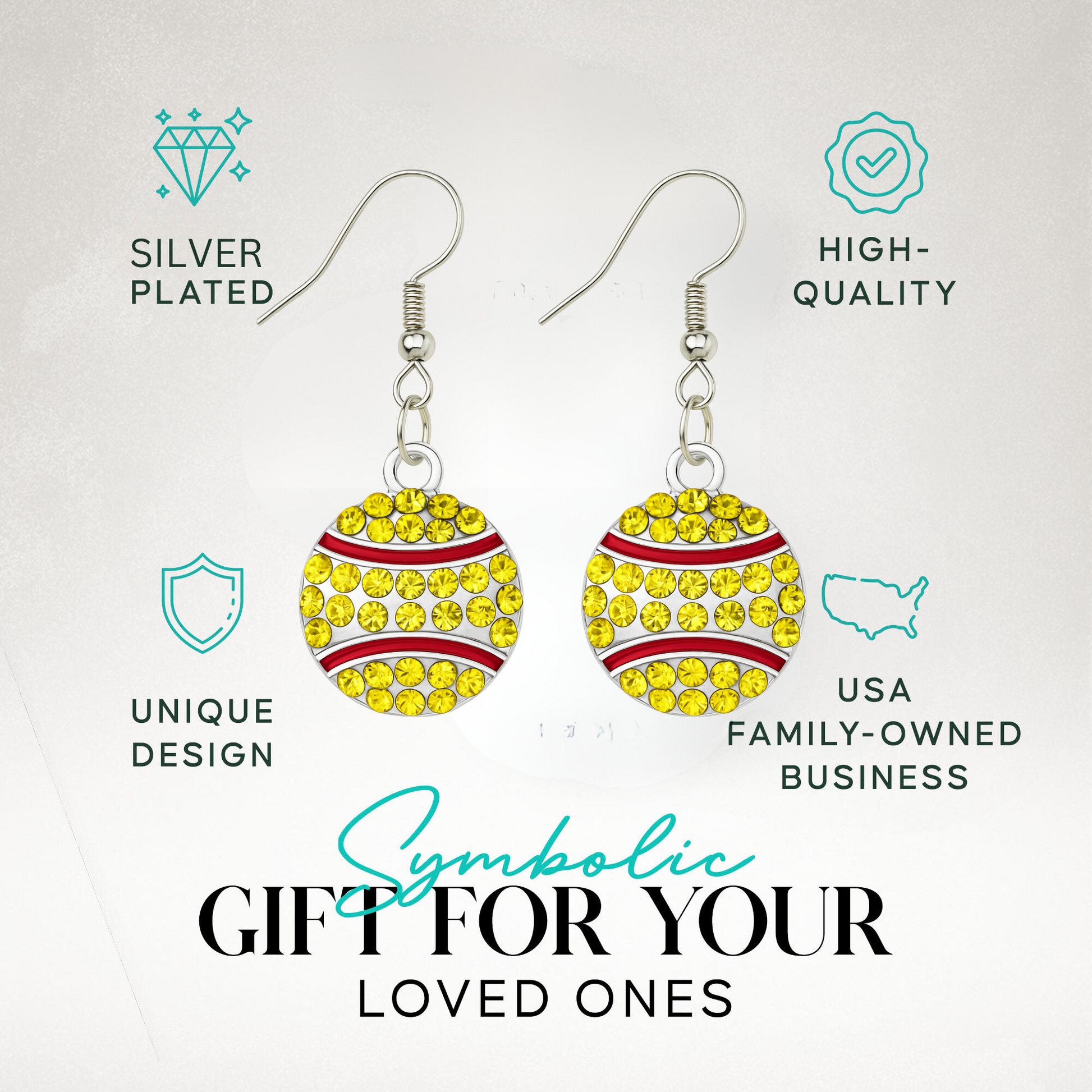 Sparkly softball earrings with crystal detail and stitching design, displayed on branded card for gift-giving