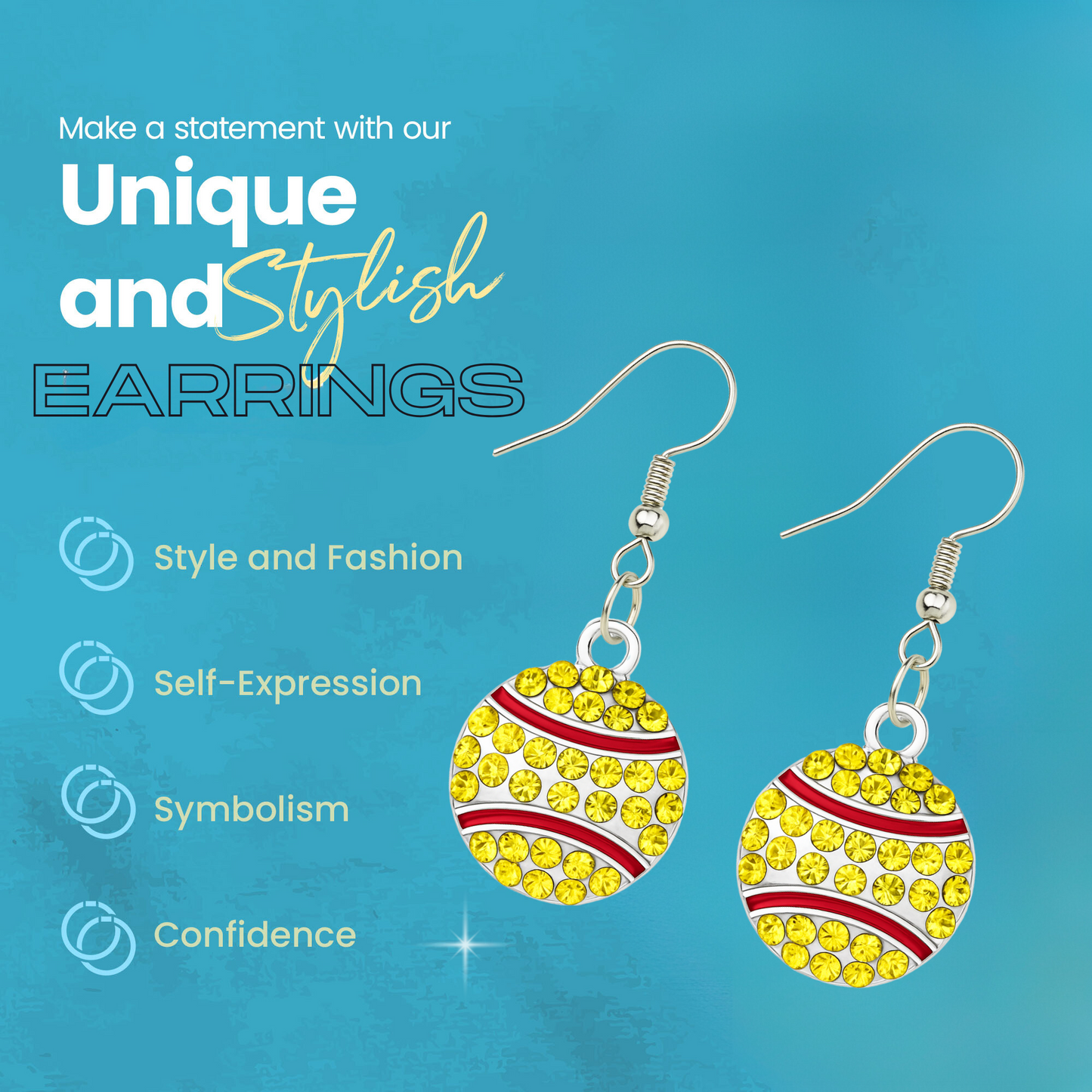 Sportybella softball earrings with yellow and red rhinestones, lightweight and hypoallergenic design