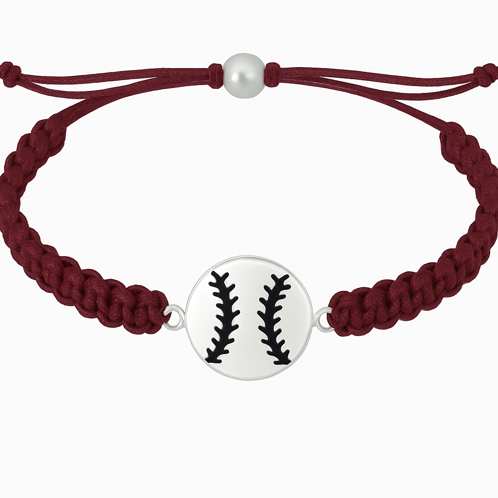 Maroon rope bracelet with silver baseball charm, perfect for girls softball bracelets and sports gifts.