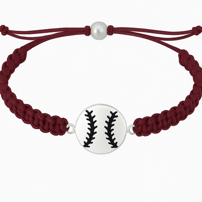 Maroon rope bracelet with silver baseball charm, perfect for girls softball bracelets and sports gifts.