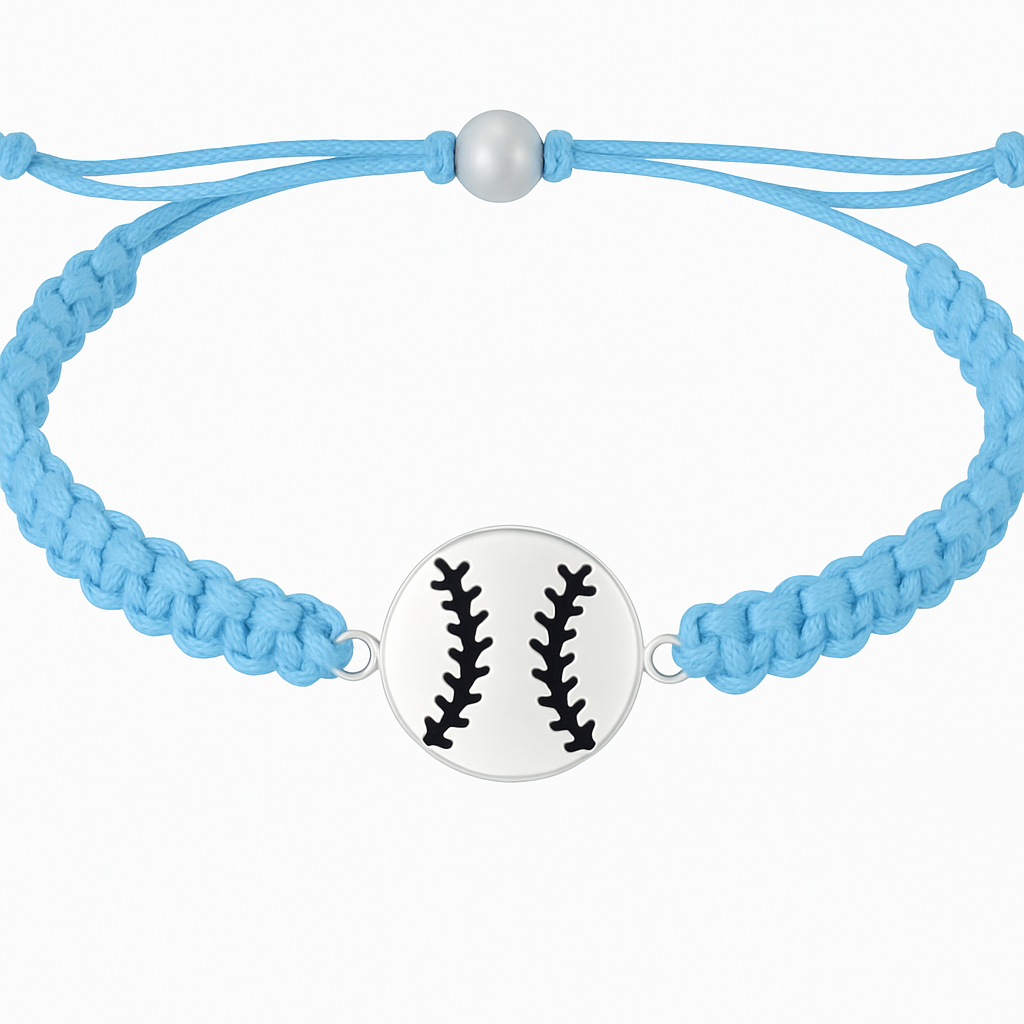 Blue softball rope bracelet with silver baseball charm, perfect for girls softball gifts and showing team spirit.