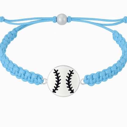 Blue softball rope bracelet with silver baseball charm, perfect for girls softball gifts and showing team spirit.
