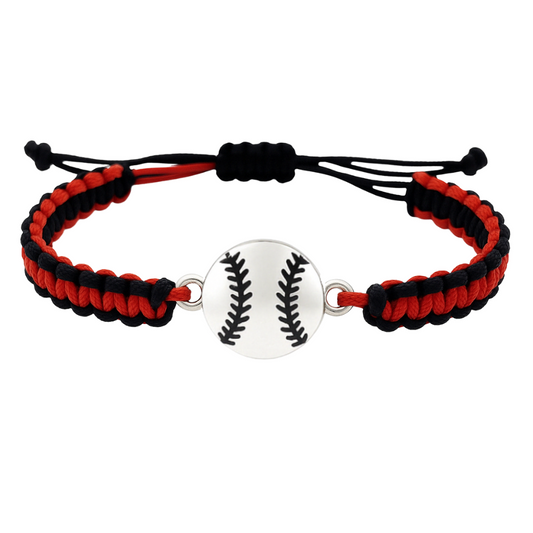 Multi colored softball rope bracelet with adjustable sizing and silver softball charm, perfect for girls and team gifts.