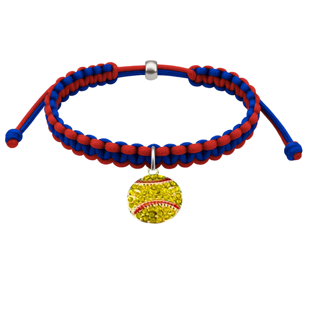 Softball charm bracelet with adjustable multi-colored rope, perfect softball jewelry for girls and softball gifts.