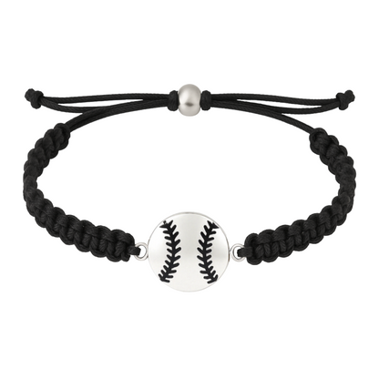 Black softball rope bracelet with a silver baseball charm, perfect for girls softball gifts and team spirit accessories.