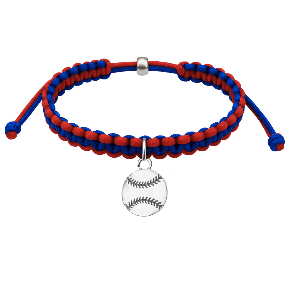 Softball charm bracelet with multi-colored braided cords, adjustable sizing, perfect softball gift for girls.
