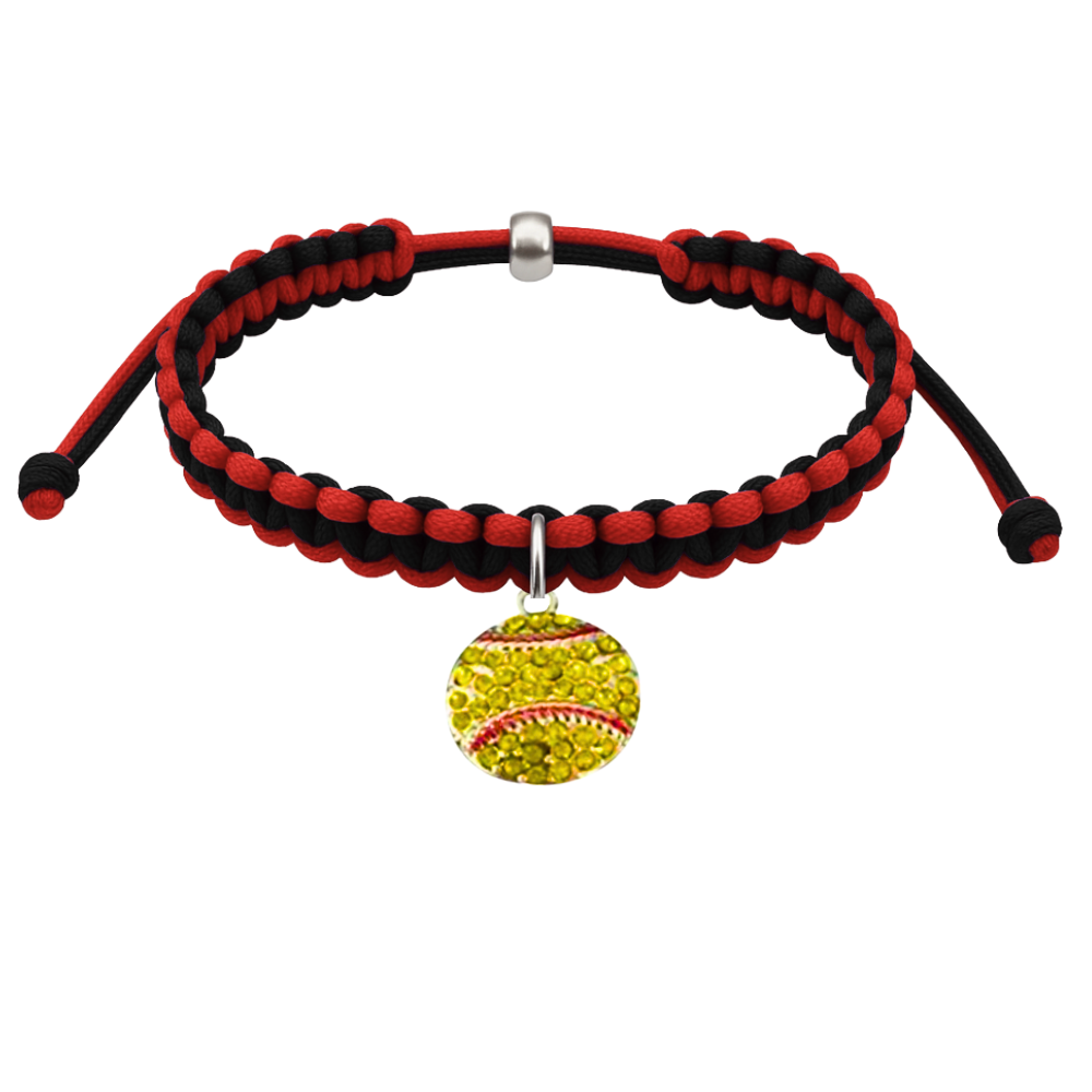 Softball charm multi-colored rope bracelet with adjustable sizing, perfect for girls as a softball gift.