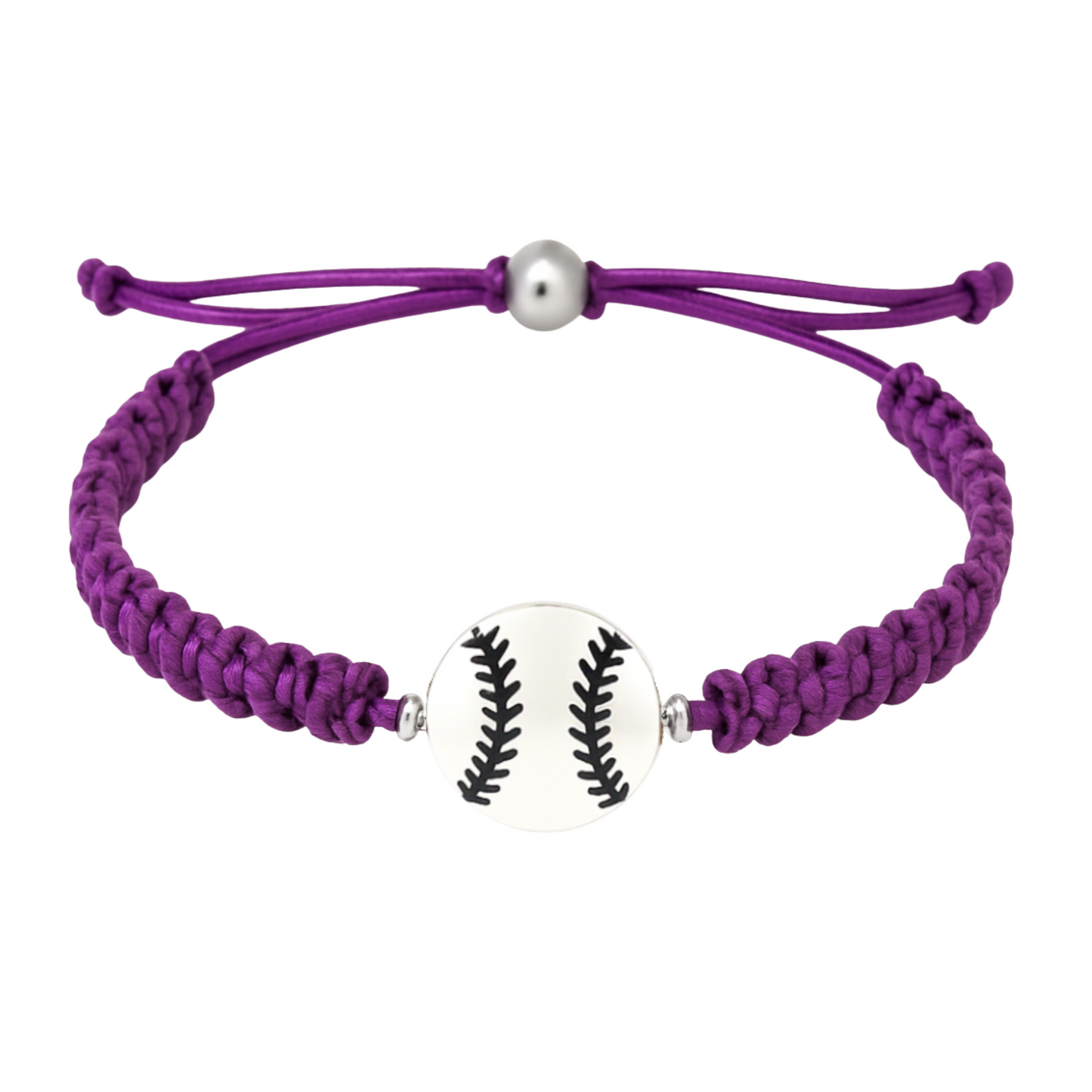 Softball rope bracelet in purple featuring silver softball charm, perfect for girls softball bracelets and gifts.