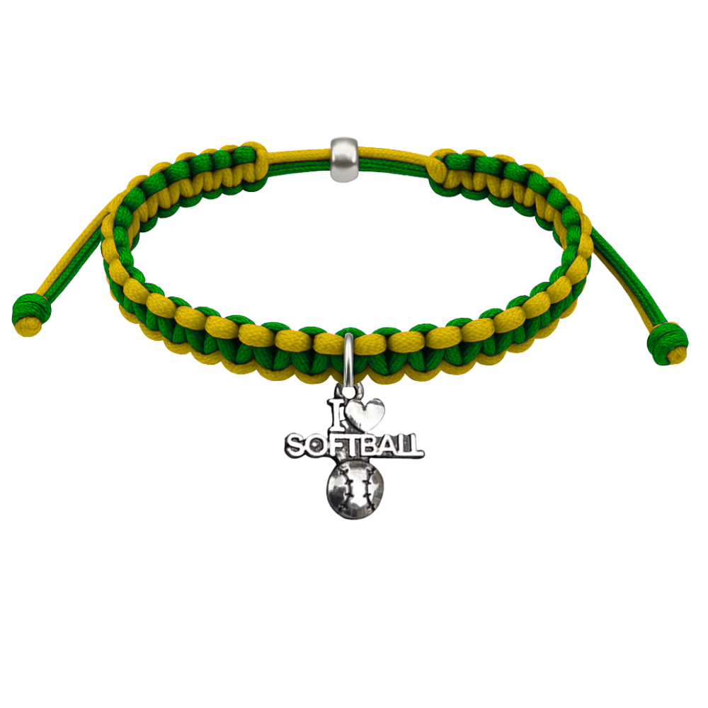 Multi-colored adjustable softball charm bracelet with 'I love softball' pendant, perfect softball jewelry gift for girls.