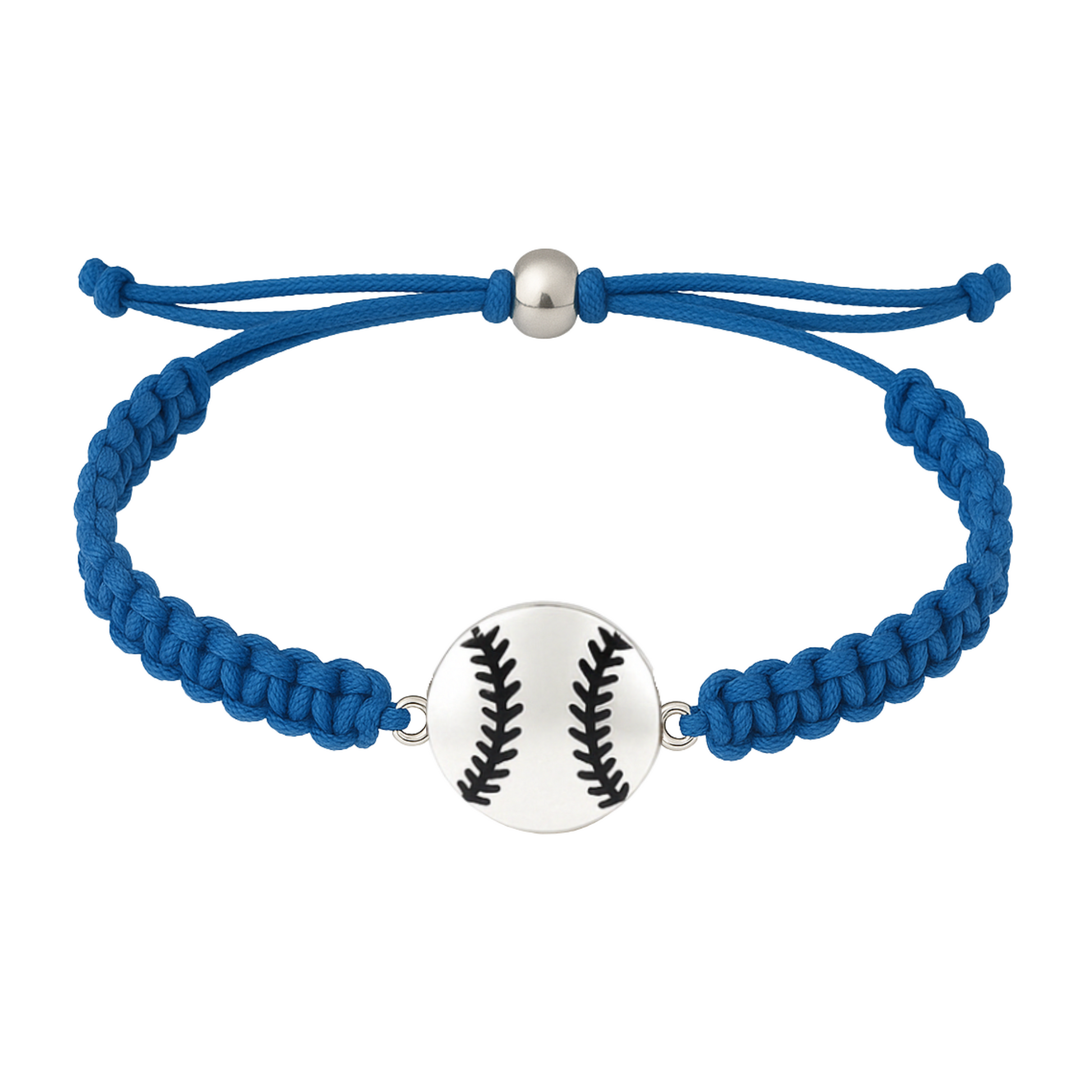 Softball rope bracelet in blue with a silver softball charm; perfect for girls softball gifts and team spirit.