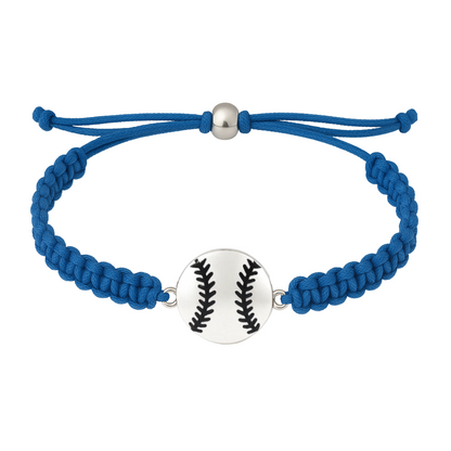 Softball rope bracelet in blue with a silver softball charm; perfect for girls softball gifts and team spirit.