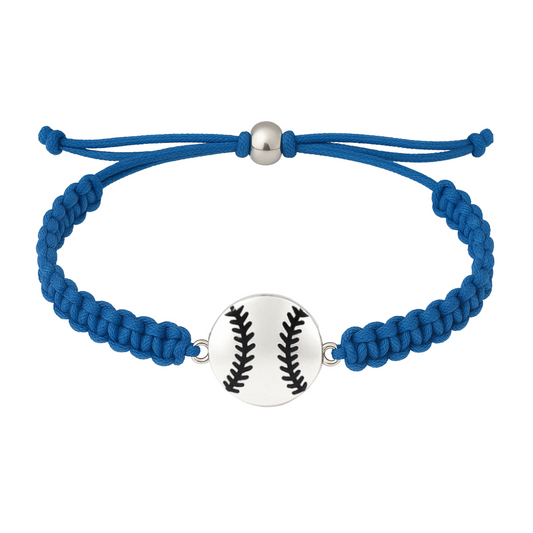 Softball rope bracelet in blue with a silver softball charm; perfect for girls softball gifts and team spirit.