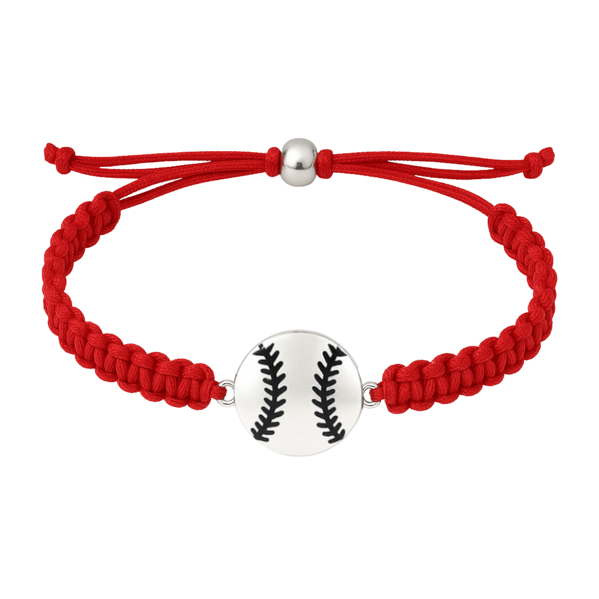 Red softball rope bracelet with silver baseball charm, perfect for girls softball gifts and team spirit.